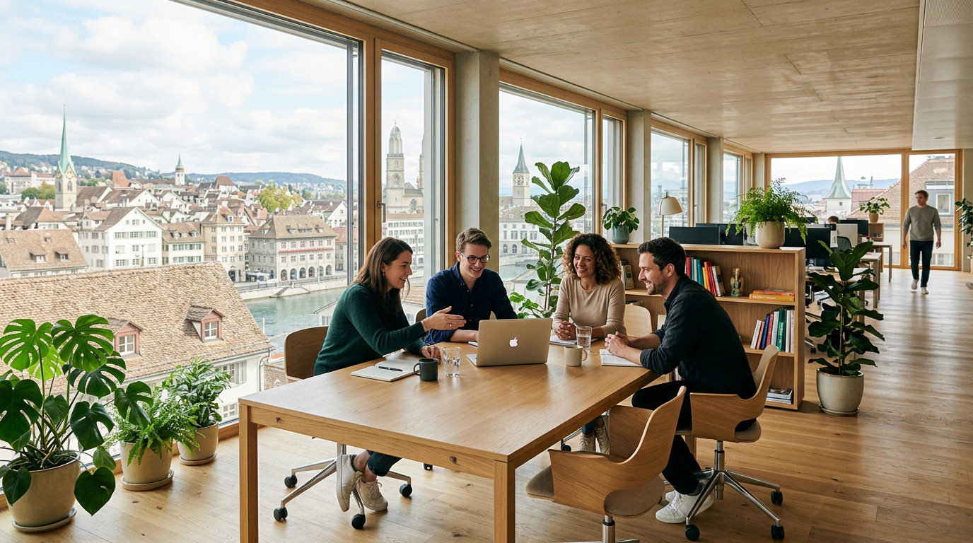 Professionals collaborating in a bright Zurich office